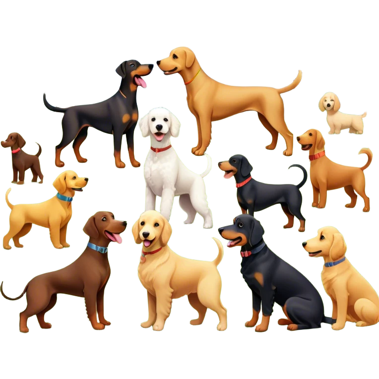 Collage of various dog breeds like Doberman, Poodle, Dachshund, and Golden Retriever, playing in a park with trees and grass. Some dogs run, others sit, all are full of energy and happiness. A joyful, colorful scene with playful expressions. Transparent background. emoji
