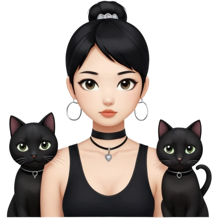 Asian girl, black hair.  Holding two BLACK cats with one cat has a round fat face. Both pure black.  The girl also wearing a black singlet, a black chocker, silver round hook earring, and wearing eyeliner.  emoji
