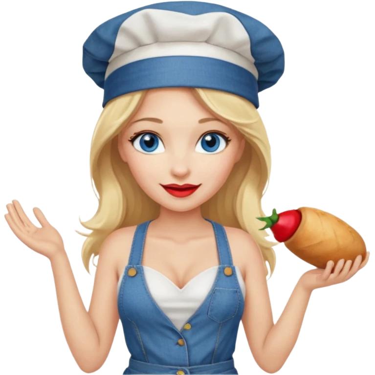 Beautiful, sexy,  long blonde hair, blue eyed, full red lips plunging v neck shirt, denim shorts, chef hat  emoji