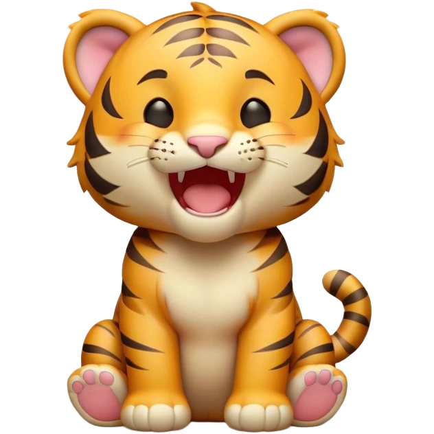 Cinematic Cute Yawning Tiger Cub Portrait Emoji, Head tilted slightly with a dramatic, wide-open yawn, showcasing a small, plush body with drowsy, half-closed eyes and an open, relaxed expression, Simplified yet irresistibly adorable features, highly detailed, glowing with a soft, cozy wild glow, high shine, relaxed yet expressive, stylized with a dash of whimsical jungle charm, soft glowing outline, capturing the essence of a drowsy yet affectionate tiger cub that appears ready to stretch out for a nap! emoji