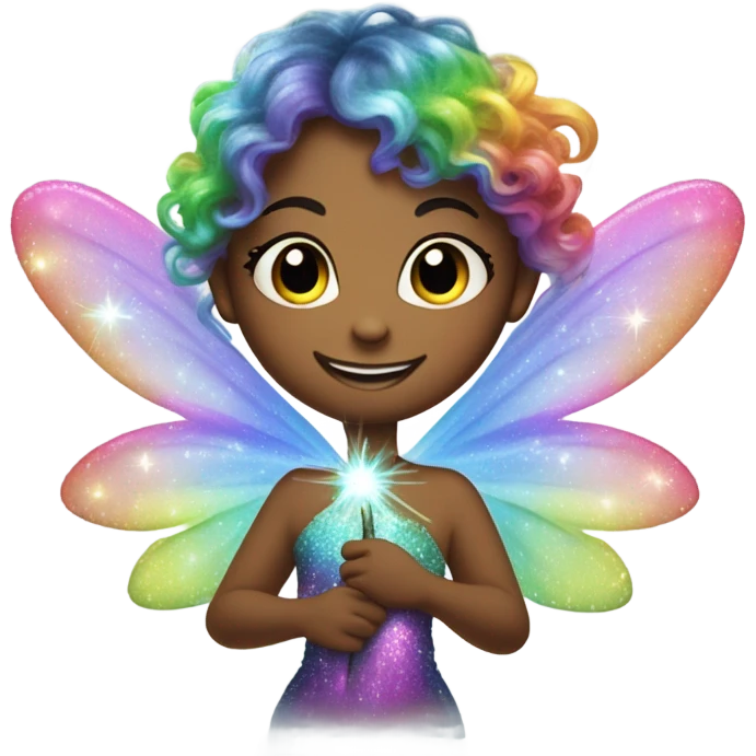 Rainbow realistic fairy with wings and pixie dust holding a wand and and tooth emoji