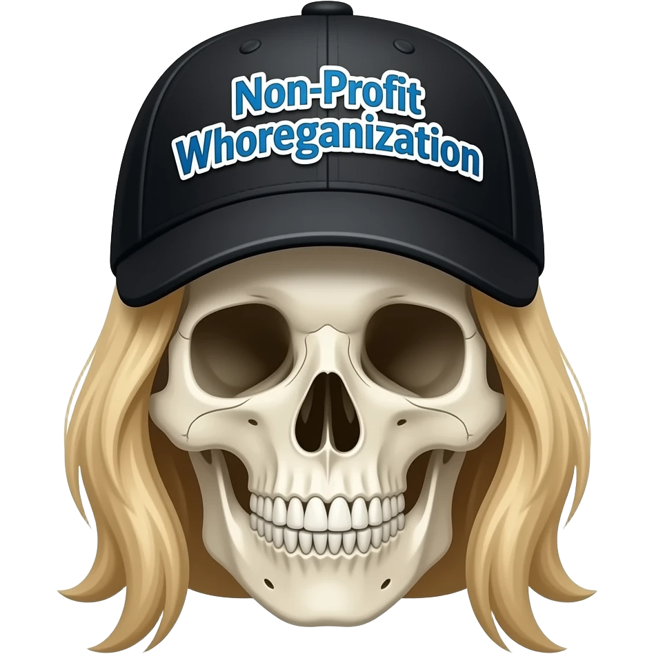 A skeleton head thats wearing a black baseball cap that says "Non-Profit Whoreganization" with blue lettering and white bordering, with long blonde hair emoji