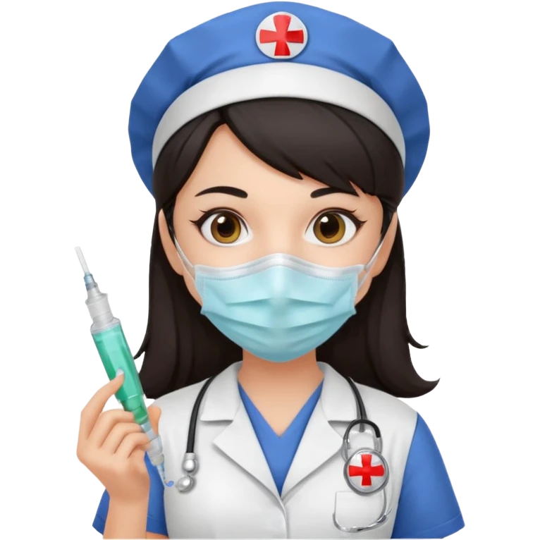 ی دختر با روپوش پرستاری و ماسک موی مشکی و امپول ب دست emoji
