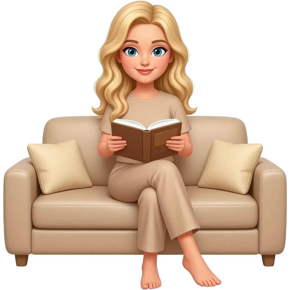 Woman with white skin reading a book on a beige sofa. Long, wavy golden hair. Beige. emoji