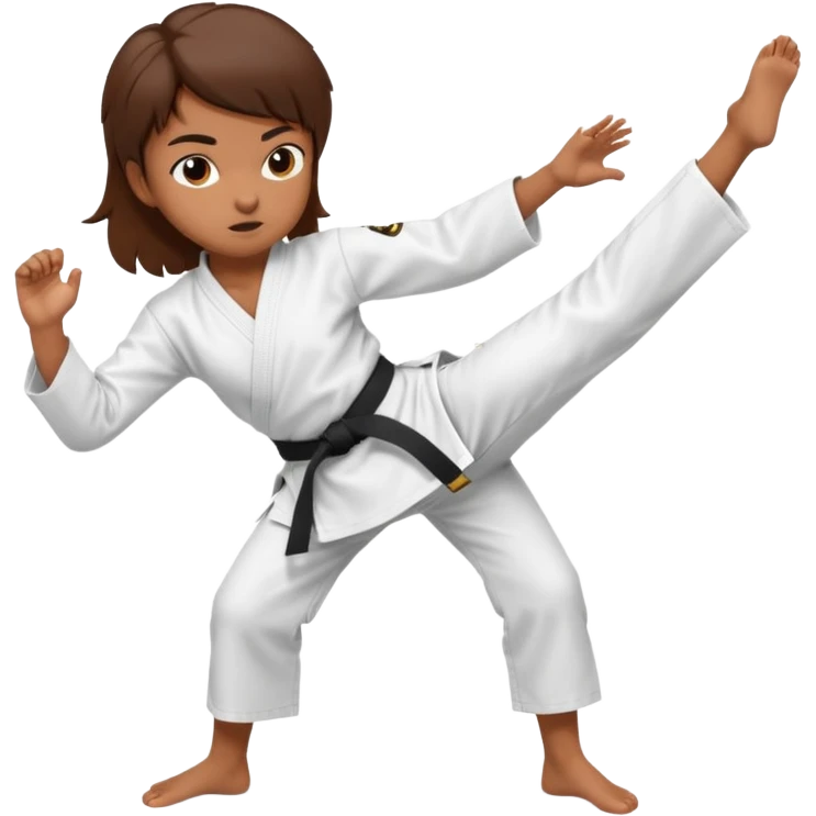 Ragazza castana che pratica karate, ha la cintura nera ed io tradizionale kimono bianco del karate, tira un calcio laterale  emoji