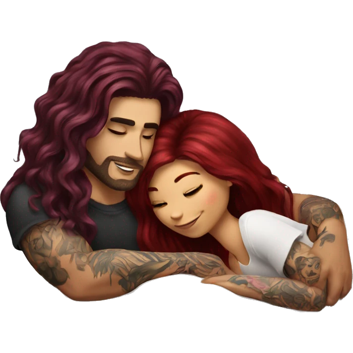 Beautiful tattooed burgundy long haired woman laying on the boyfriends chest emoji