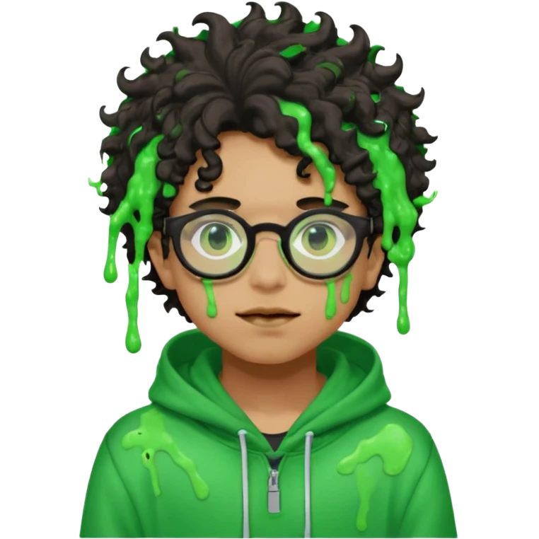 pale light brownskin boy with green slime coming out his eyes, and black glasses, nosering, wit messy, and curly freeforms, wearing a red hoodie with a Glo Gang sun on the hoodie. emoji