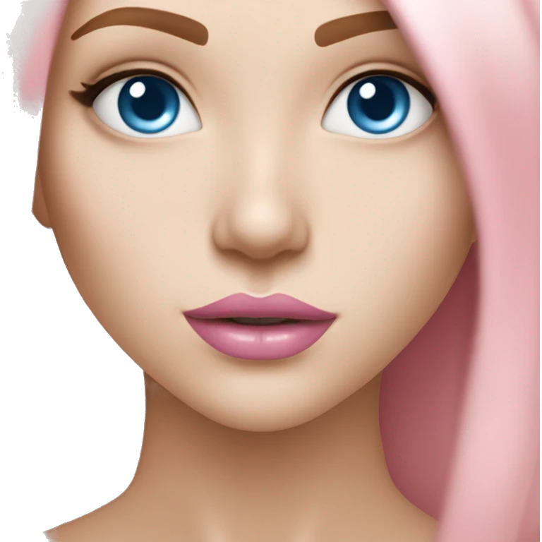 a beautiful girl with very fair skin, blue eyes and bob length straight soft pink hair, with pink lipstick on her lips emoji