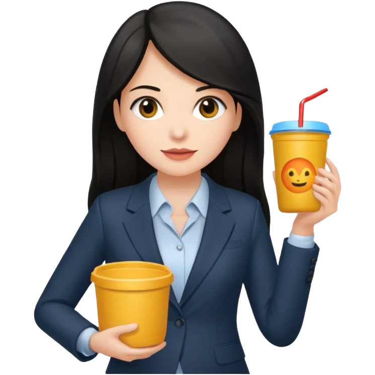 long dark haired woman with suit holding food container emoji