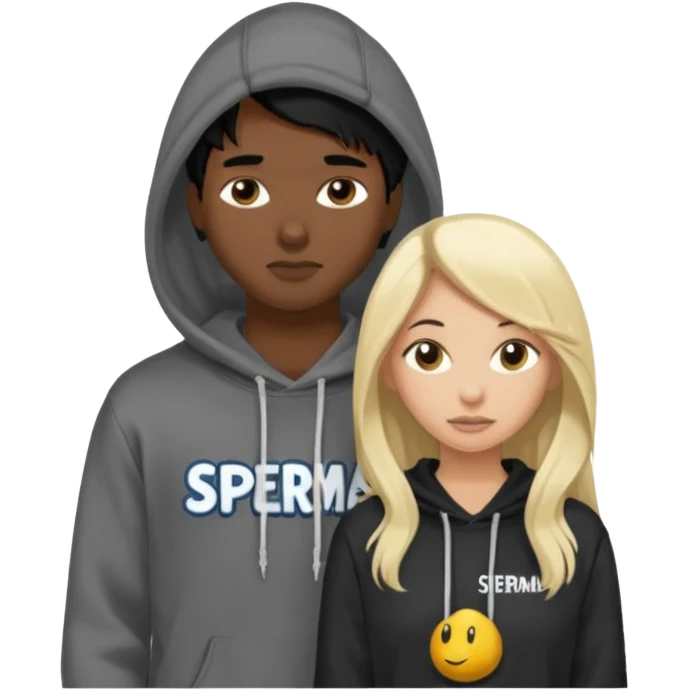 I want it to be this emote 🙍‍♂️
of a guy with black hair and a black sweatshirt with the word "sperma" written in white in the middle. Behind him, there's a pretty blonde with long hair, pulling the string on the first person's hoodie. The girl is wearing a gray sweatshirt. emoji