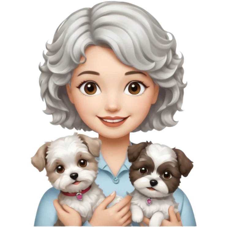 silver, short, wavy-haired with loose curls, smiling pretty lady holding a westie terrier dog and a shih tzu dog emoji