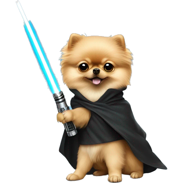 Pomeranian dressed as Luke Skywalker holding a lightsaber emoji