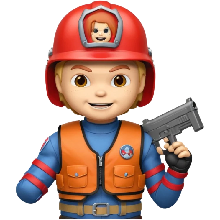 Chucky con casco y chaleco antibalas emoji