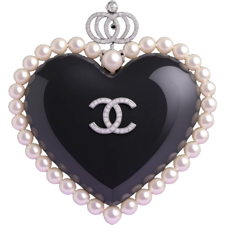Add a diamond accent to the glossy black heart with pearls and silver Chanel logo, keep the background transparent, elegant, black and white color scheme, 3D emoji style. emoji