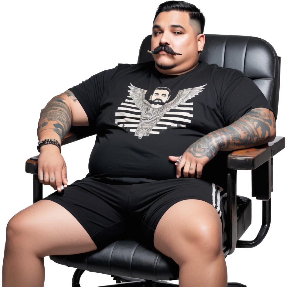 Large man reclining in chair, legs spread, smoking a cigarette, round face, very short black hair, beard and mustache, light skin, black t-shirt with light stripes at top riding up to show belly, black shorts, arms covered in black graphic tattoo patterns emoji