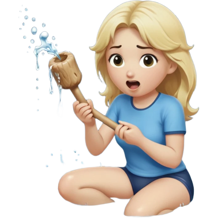 blond woman sitting on her knees, eating a wide stick with a half-round D-shaped knob, both the stick and knob are the same color as her skin, the knob has visible skin texture, water stream squirting from the flat side of the knob into her open mouth, surprised expression emoji