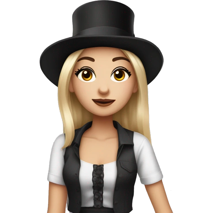 A girl with make up wearing ￼ a crop top shirt with ￼a top hat emoji