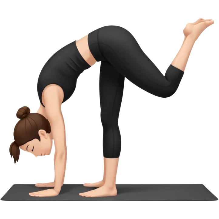 Minimalist flat vector illustration of a woman doing yoga in forward fold pose (Uttanasana), wearing sportswear (black top and black shorts), brown hair in a bun, clean white background, no face details, elegant style emoji