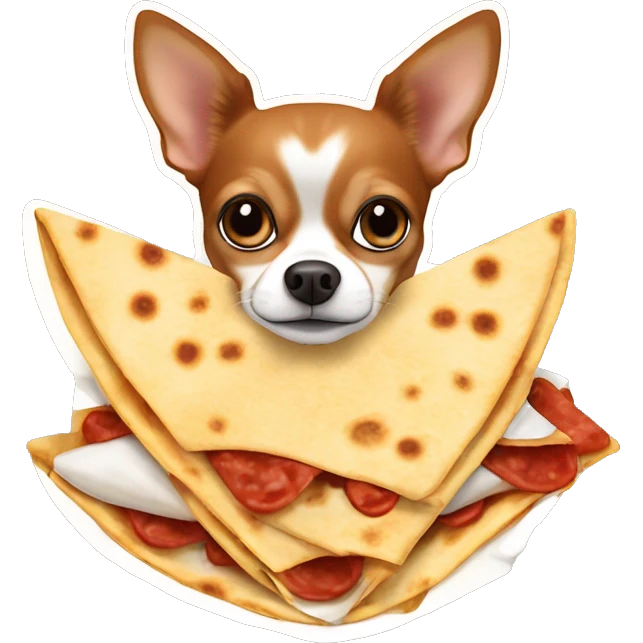 Long-haired reddish brown Chihuahua with white markings eating quesadilla emoji