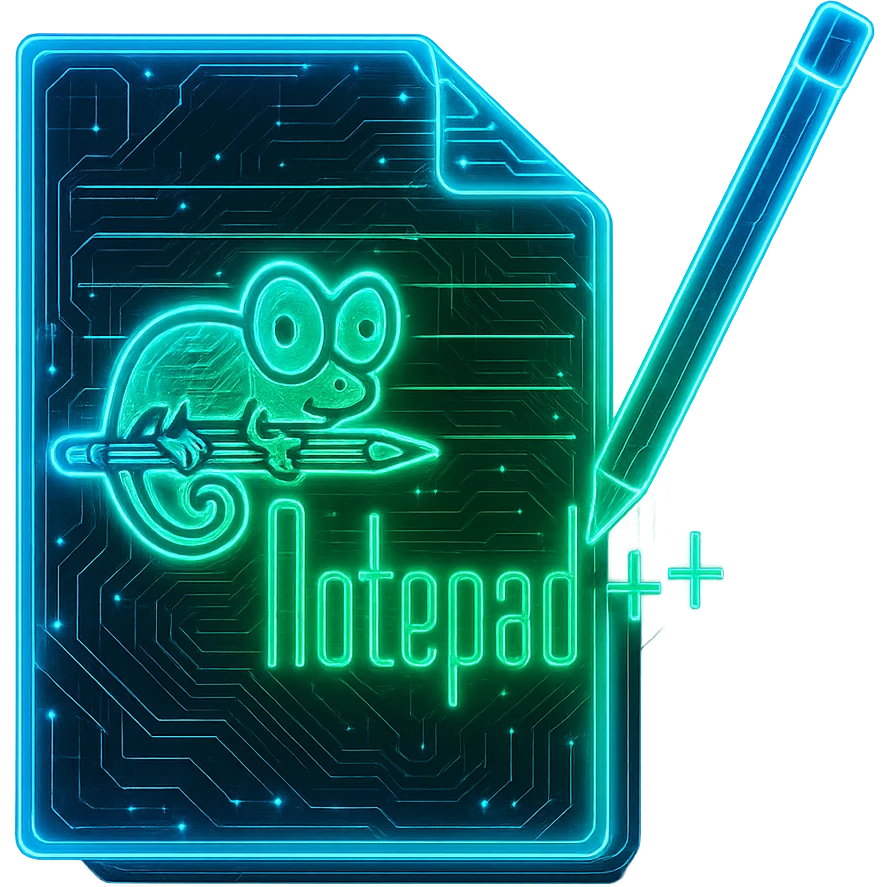 Transform the Notepad++ logo into a cyberpunk, holographic style with glowing neon blue edges and circuit patterns throughout. Maintain some of the original green color, especially in the chameleon and the notepad. Include both blue and green neon glow for a futuristic look, keeping the design clean and recognizable. Use a transparent background. emoji