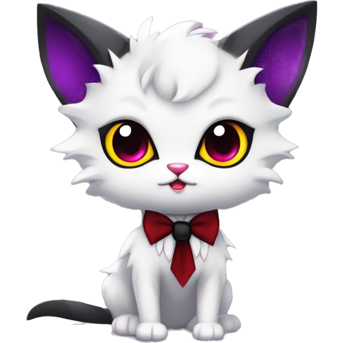 Cute-Evil-Vampiric-Batty-Cat-Black-Purple-Red-Yellow-White-Contrast-Colors-Fantasy-Fur-Sona-Chibi-Shiny-Fakémon-Hybrid with horns and big fangs neck bow white tie leg spats full body emoji