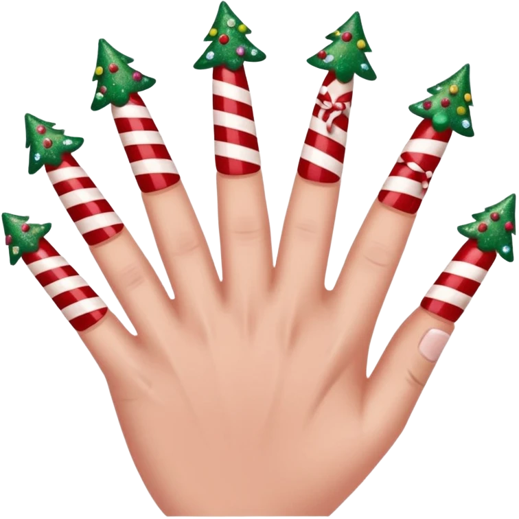 Create a nail design that is red, aesthetically pleasing, Christmas-themed, and girly. There are five fingers. emoji