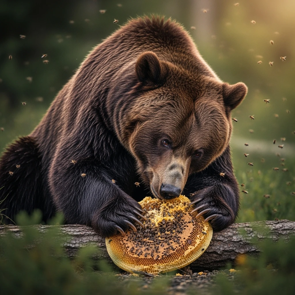 bear eating honeycomb with bees flying around emoji