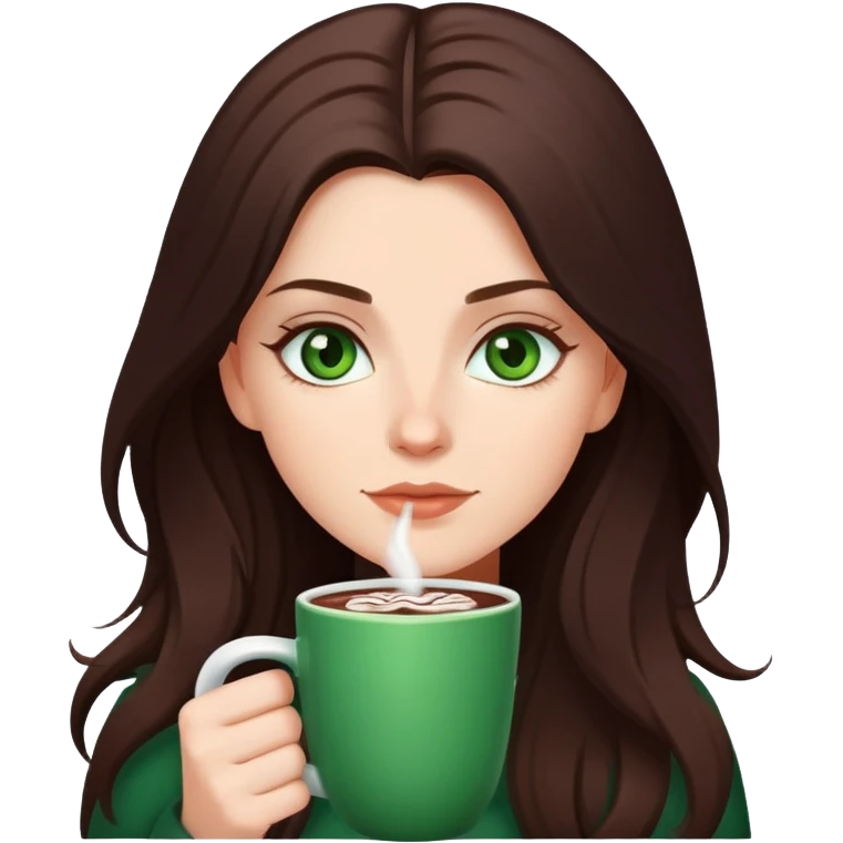 white girl with dark brown long hair,green eyes, and a hot chocolate emoji