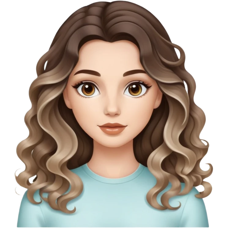 beautiful brunette with a light balayage white girl with nice curls/defined waves, very long hair, clean girl makeup APPLYING A SKINCARE MASK emoji