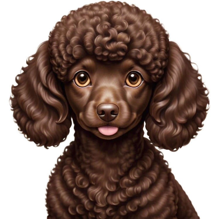 Cinematic Noble Chocolate Poodle Portrait Emoji, Poised and regal, with a refined, elegant build and a meticulously groomed, curly chocolate Fur, deep-set soulful brown eyes, Simplified yet sharp and sophisticated features, highly detailed, glowing with a soft, dignified glow, high shine, intelligent and graceful, stylized with an air of sophistication, focused and attentive, soft glowing outline, capturing the essence of a watchful and confident companion, so majestic it feels as though it could prance out of the screen with effortless authority! emoji