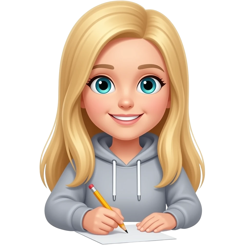 blond girl with long,straight  hair and blue-green eyes, smiling, wearing gray hoodie, writing on a paper with a pencil emoji