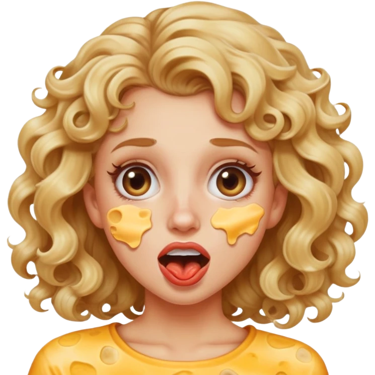 Girl with dirty blonde hair curly rolling her eyes back while her mouth is open. She also has Philadelphia cheese on her cheek. emoji