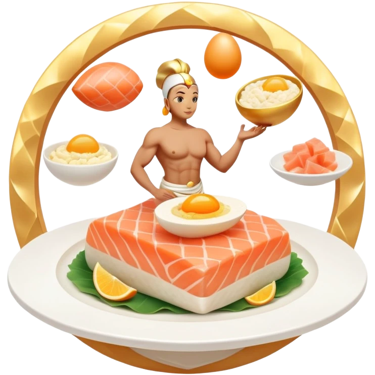 Floating plate with ethereal icons of golden egg, salmon fillet, bright chicken breast, and translucent tofu block, all orbiting a central double helix symbol, with soft light expanding towards a glowing muscular figure emoji