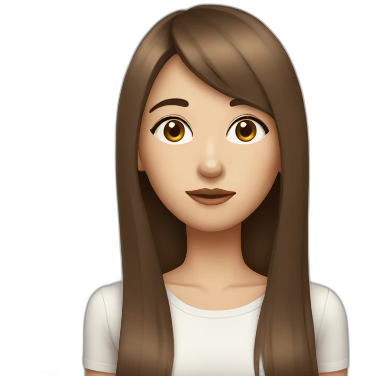 long brown hair skinny girl with long side bangs, thin face and makeup from head to chest emoji