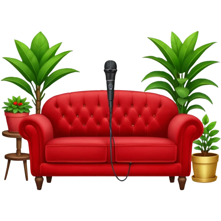 front view of a red velvet couch with a mic in front and small houseplants in the background emoji