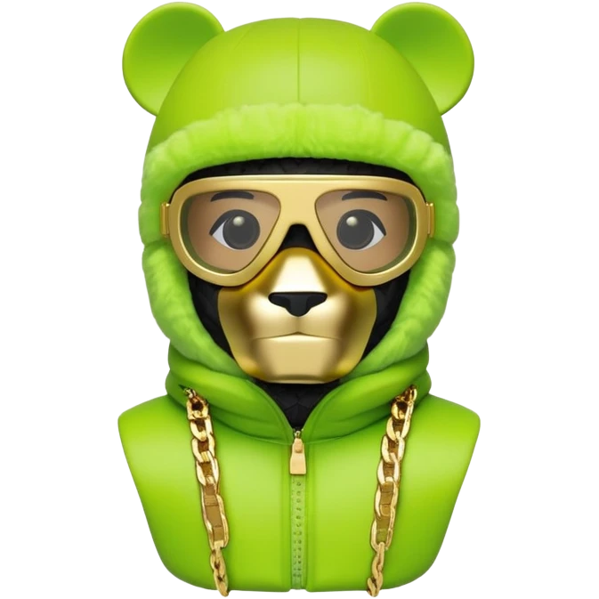 geometric bearbrick in lime green balaclava with brand tags, eyes replaced by integrated single-piece visor lens built into mask itself, not as separate glasses, down jacket with fur hood, gold chains emoji