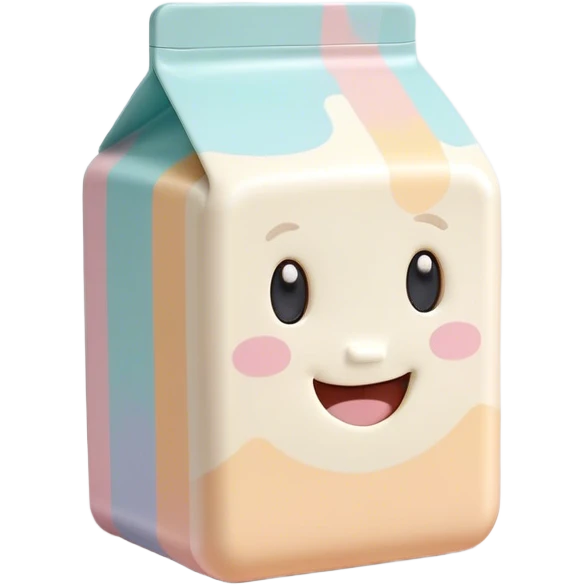 Cinematic adorable milk carton, soft pastel colors, tiny rounded edges, chubby smiling face, warm glowing highlights, gently tilting in a playful pose. emoji