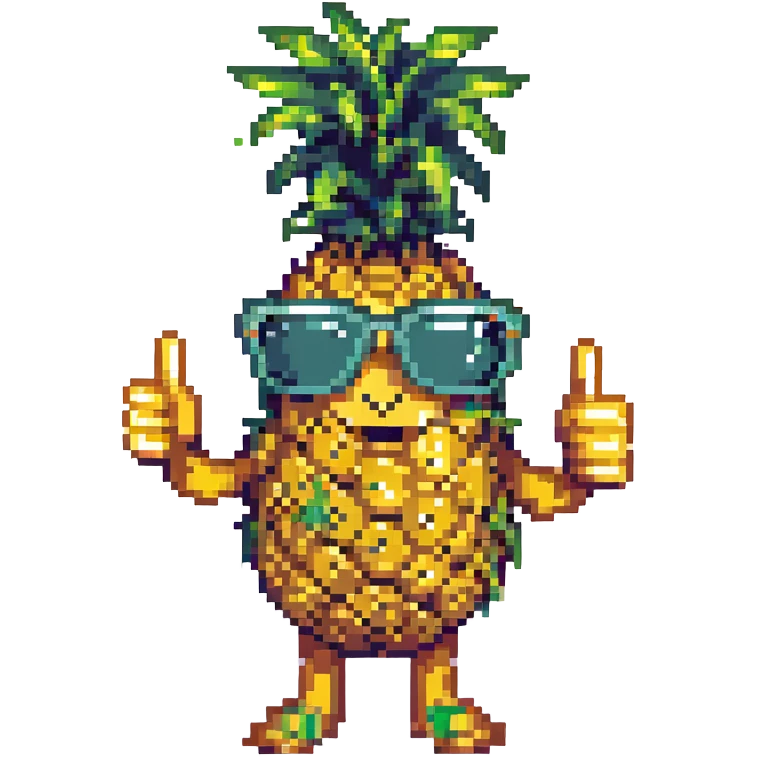pixel art pineapple with sunglasses, smiling, giving a thumbs up emoji