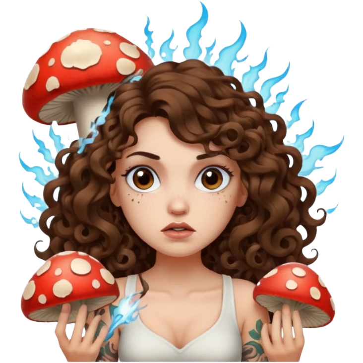 woman with long curly brown hair, brown eyes, white skin, tattoos, unimpressed stare while mushroom explodes behind her emoji