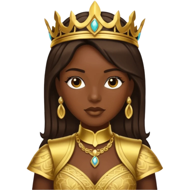 Bilquis from American Gods with dark skin, dark brown hair, gold outfit emoji