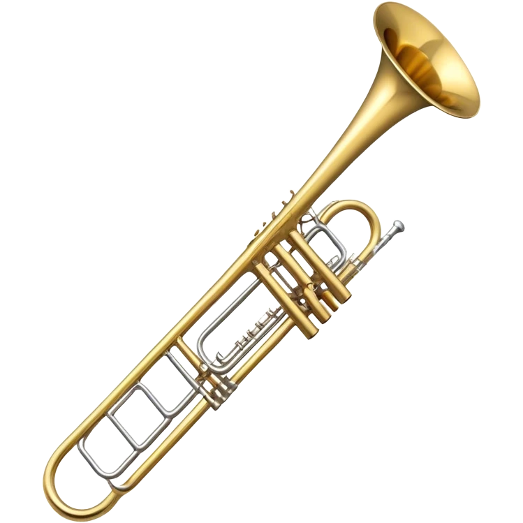 Create a sleek and professional emoji representing the Brahner TB-420 Bb/F tenor trombone. The design should feature the smooth, shiny brass body of the trombone with its distinct curved tubing and large bell. Highlight the tuning slide and the mouthpiece at the top of the instrument. The brass finish should be polished and reflective, with silver accents on the mouthpiece and tuning slide. Add subtle musical notes or soundwaves floating around the trombone to evoke its bold, brassy sound. Use golden and brass tones for the trombone with light reflections to emphasize its high-quality craftsmanship. The background should be transparent. emoji