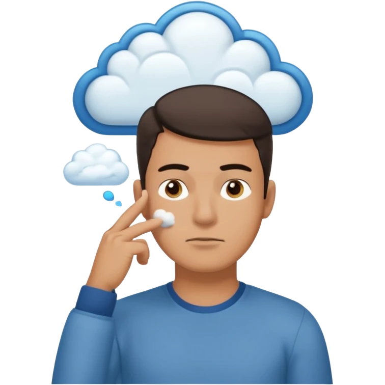 Casually dressed man with one hand on his chin, eyebrows slightly furrowed. A thinking cloud floats above his head containing a critical-thinking symbol (like a question mark, magnifying glass, or logic icon). Realistic emoji aesthetic, clean-shaven, soft neutral background emoji