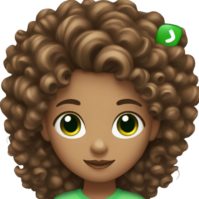 girl with green eyes and curly brown hair and long lashes holding her phone emoji