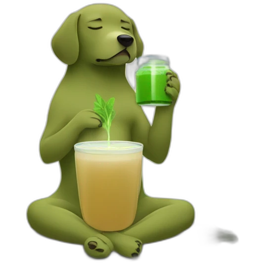 meditating dog drinking green juice with eyes closed in forest emoji