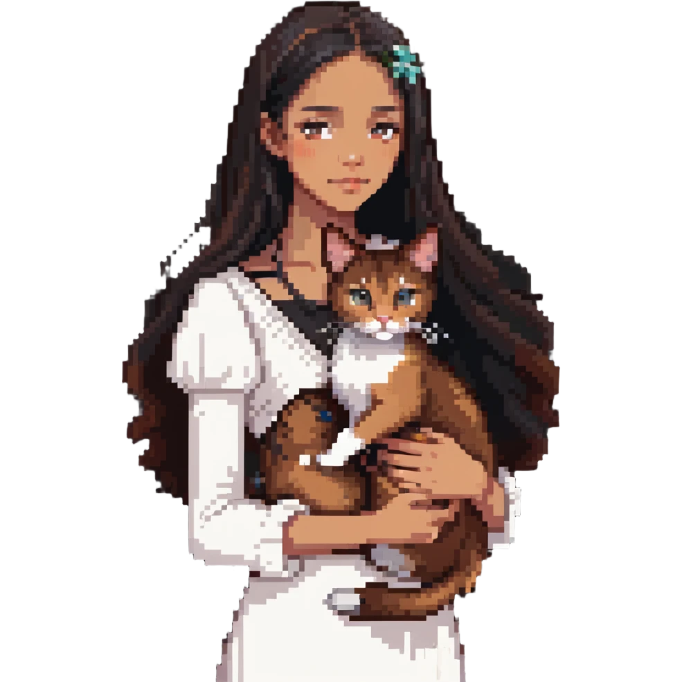 beautiful girl with long black hair wearing a white dress holding an Abyssinian cat with reddish-brown fur in her arms emoji