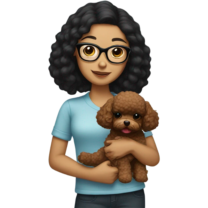 black hair girl with glasses holding a brown toy poodle emoji