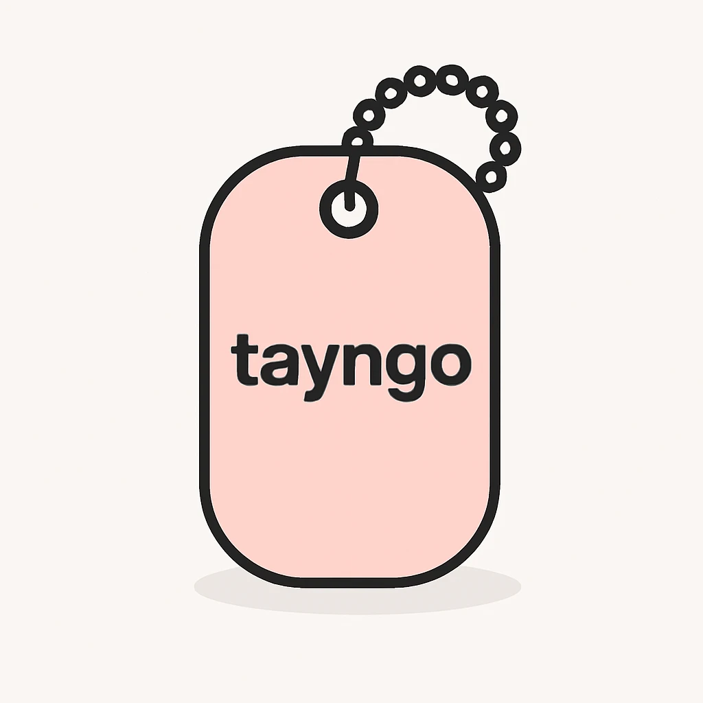 light pink dogtag, 'tayngo' in bold sans-serif, minimal look emoji