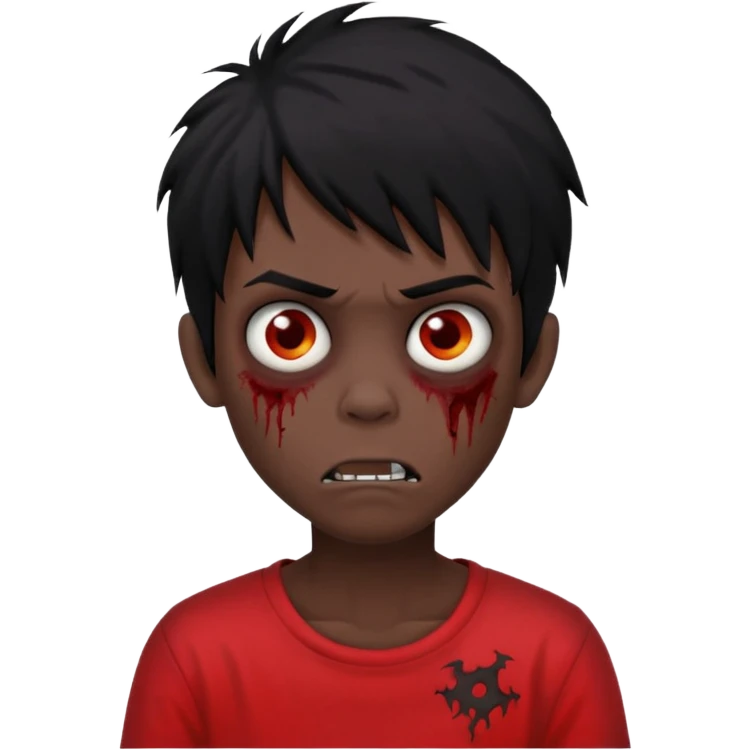 Boy, zombie, black hair, medium long, emo, shaggy, dark, spooky, creepy expression, red shirt. emoji