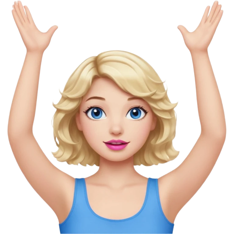Girl Blonde short wavy hair,  blue eyes, cute blue top, long lashes, pink lips, both hand up in the air  emoji