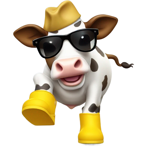 dancing cow wearing sunglasses and yellow boots emoji